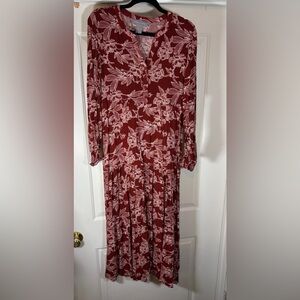 Red Floral Long Sleeve Tiered Long Dress